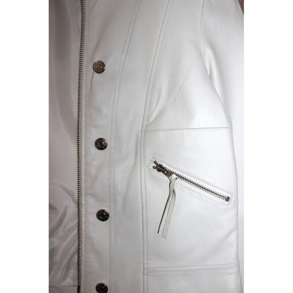 COLLECTION (European Brand) Genuine Leather Slim-Fit Cropped Moto Jacket, White - Picture 5 of 10